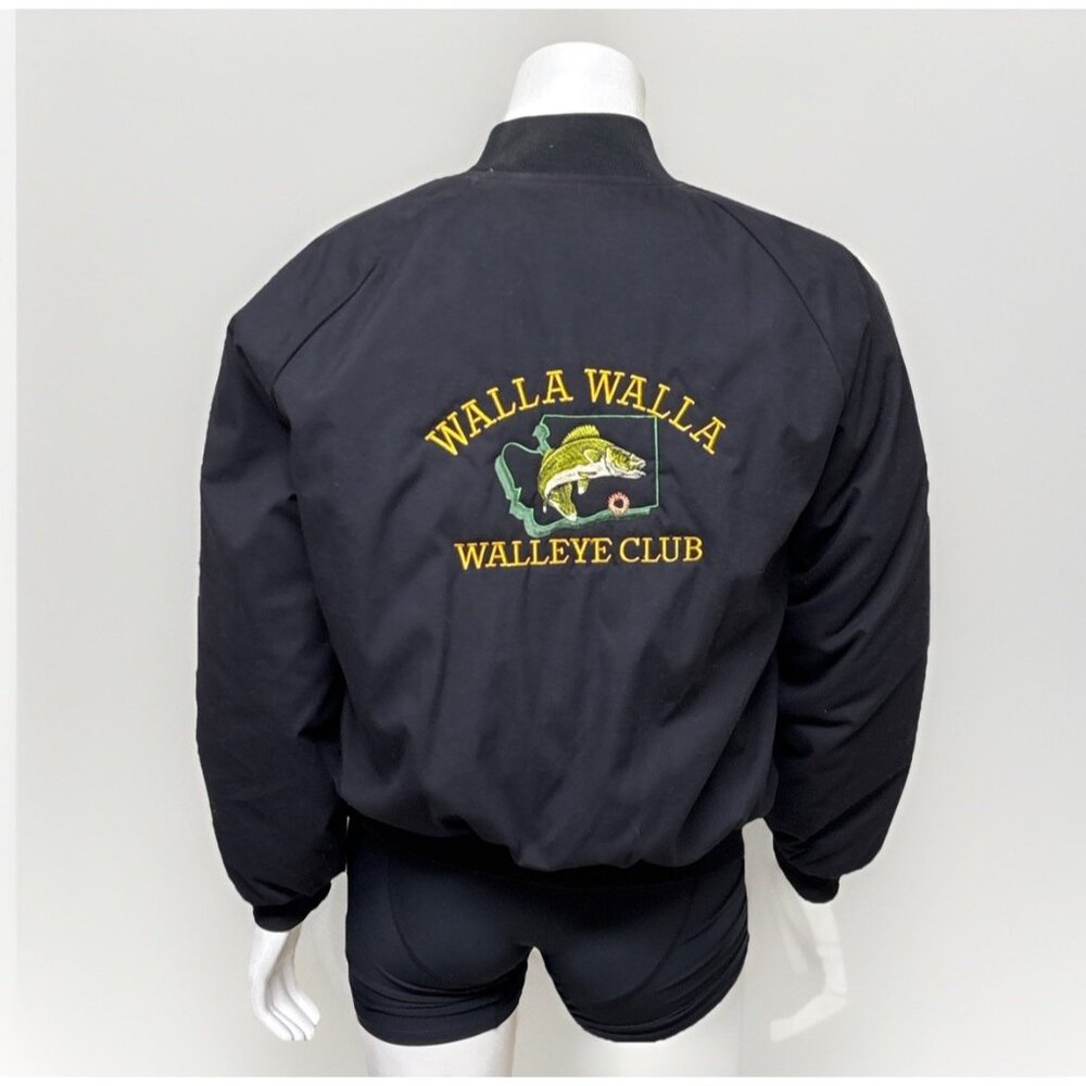 Vtg Fishing Club Bomber Jacket Mens XL Black Embroidered Canvas Walleye “Greg”